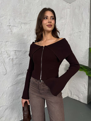 Kahverengi Madonna Yaka Çift Yön Fermuarlı Bluz 2545-Kahverengi