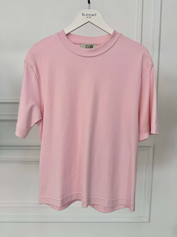 Pembe Bisiklet Yaka Basıc Tshirt 6597-Pembe