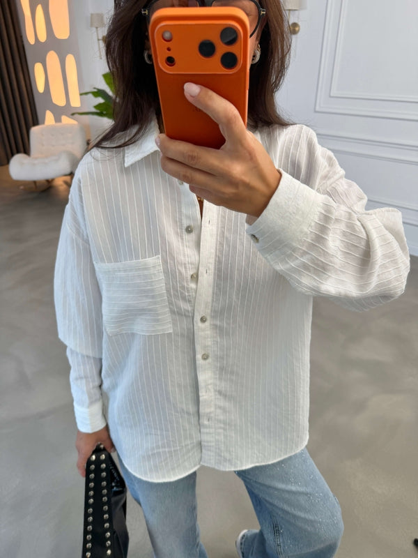 Beyaz Fitilli Oversize Gömlek 5000-Beyaz