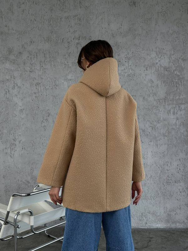 Camel Kapşonlu Düğme Detaylı Teddy Kaban