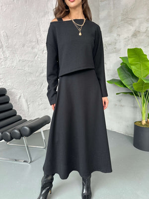 Siyah Bluzlu Elbise İkili Takım 7634-Siyah