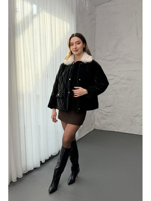 Siyah Yakası Kürklü Kapitone Mont 60559-Siyah