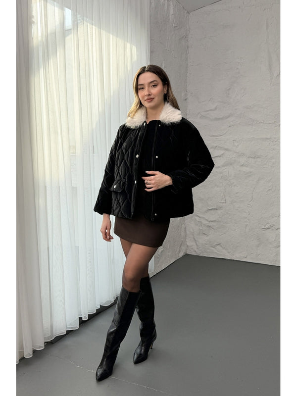 Siyah Yakası Kürklü Kapitone Mont 60559-Siyah