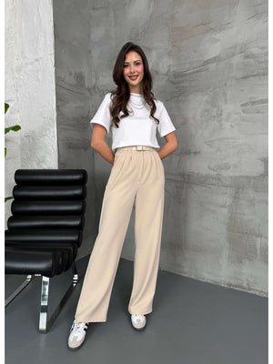 Krem Çift Pileli Kemerli Pantolon