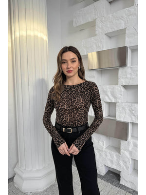Dilvin Leopar Kayık Yaka Transparan Bluz 32206-Leopar