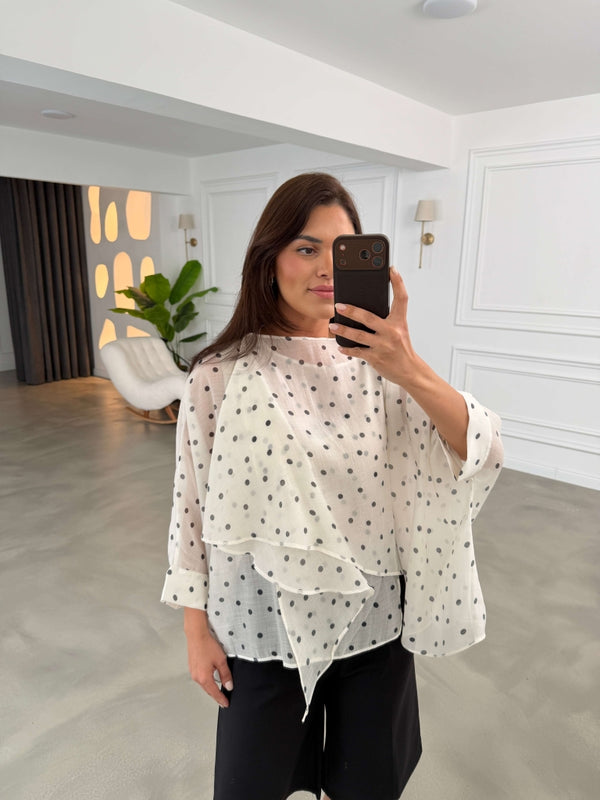 Beyaz Puantiyeli Tencel Pelerin Bluz EY5088-Beyaz