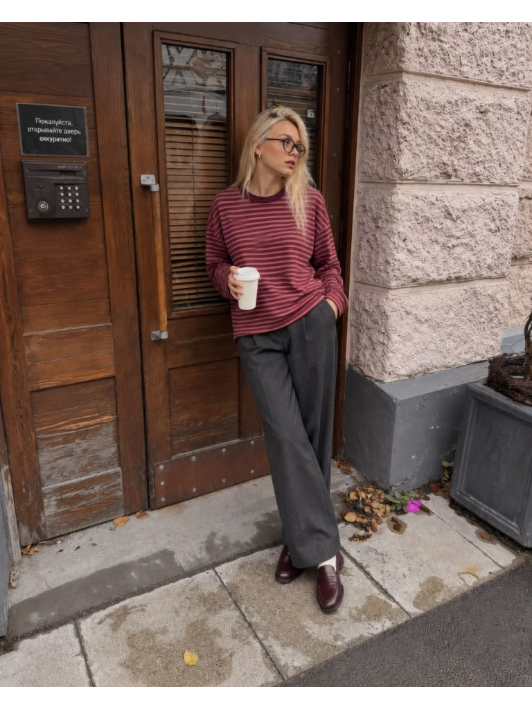 Bordo Kahve Çizgili Sweat M-4848-Bordo