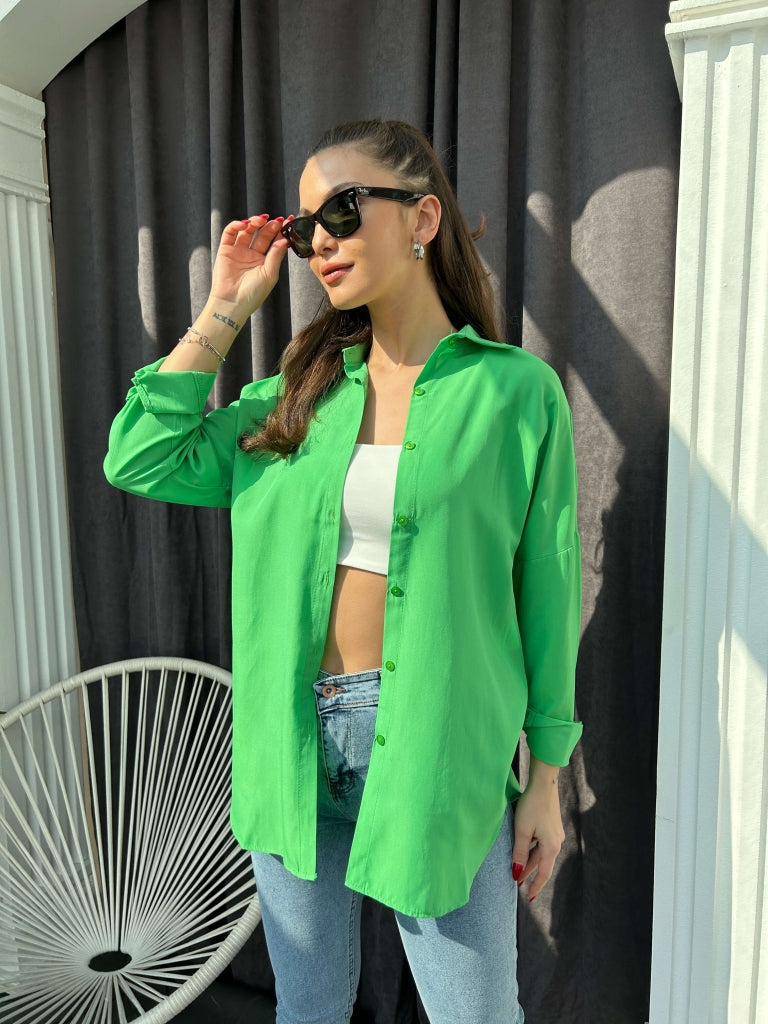Yeşil Oversize Poplin Gömlek 4772-Yeşil