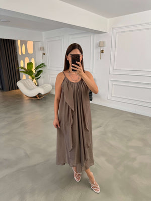 Bronz İp Askılı Fırfırlı Elbise EY3422-Bronz