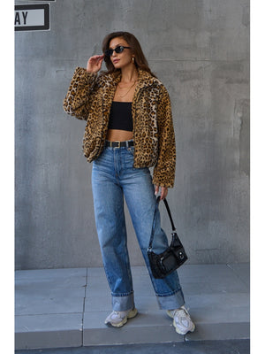 Leopar Peluş Kürk Mont