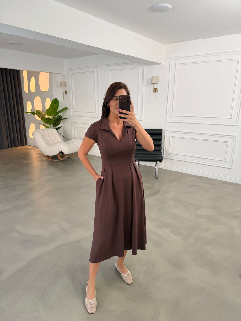 Kahve Polo Yaka Pensli Modal Elbise 4129-Kahve