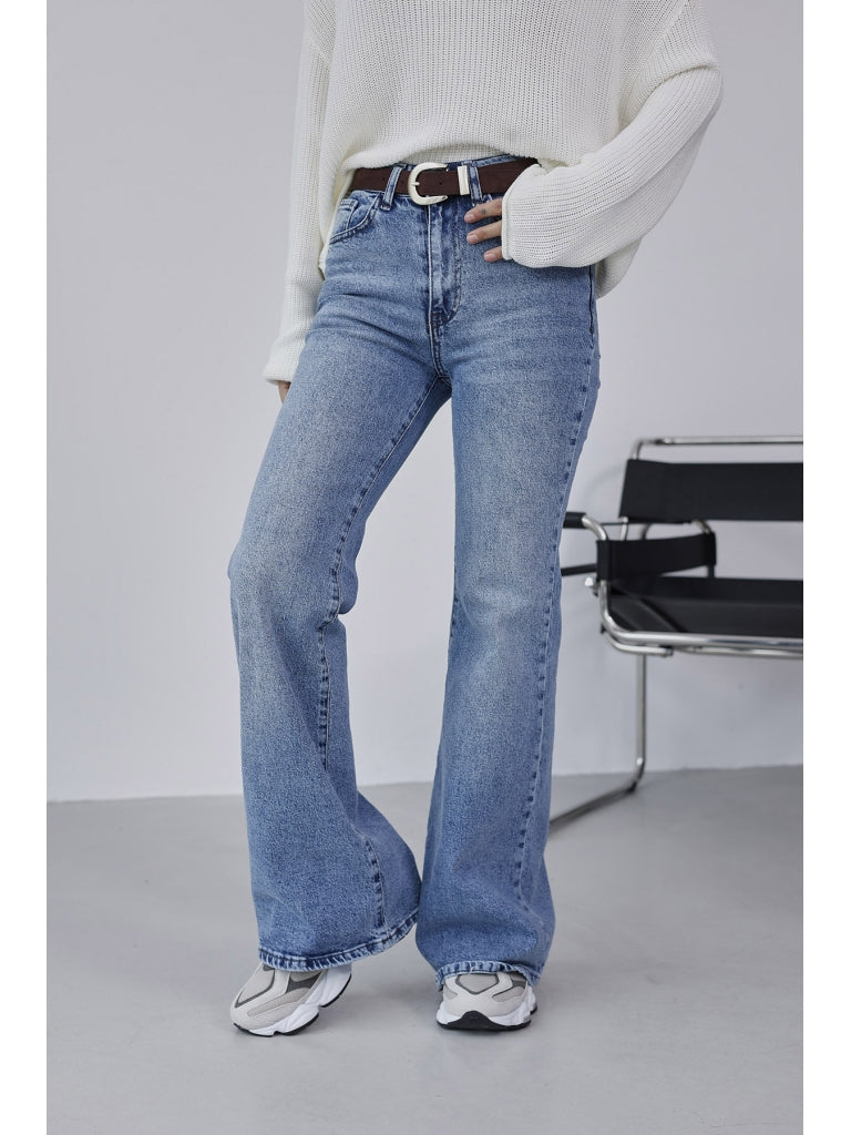 Mavi Süet Kemerli İspanyol Paça Jean 0798-Mavi