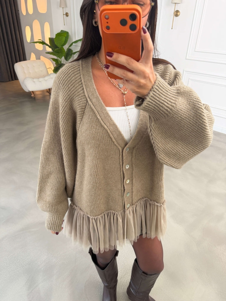 Vizon Tül Garnili Oversize Hırka 2839-Vizon