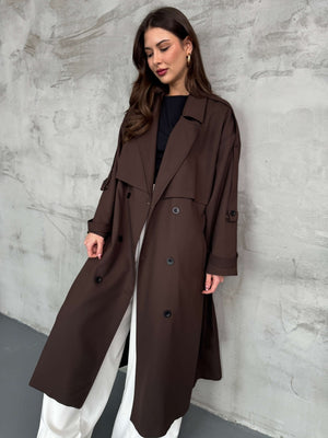 Acı Kahve Kruvaze Detaylı Oversize Trençkot