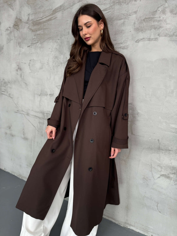 Acı Kahve Kruvaze Detaylı Oversize Trençkot