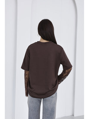 Kahverengi Güpür Kollu Bluz EY0302-Kahverengi