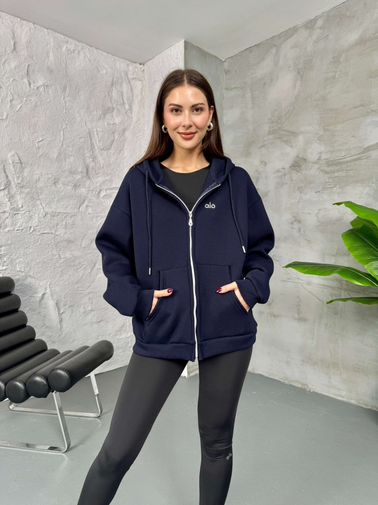 Lacivert Ön Fermuarlı Kapüşonlu Sweatshirt