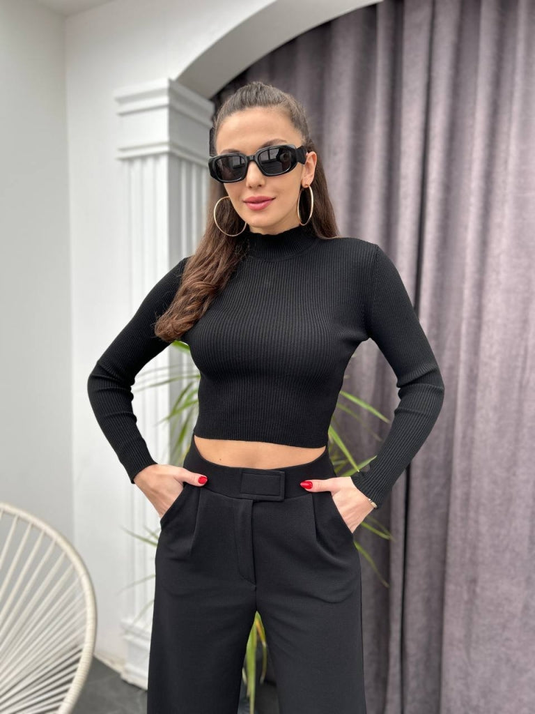 Siyah Fitilli Triko Crop 9907-SİYAH
