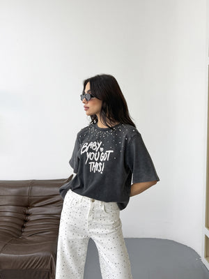 Antrasit Taş İşleme Baskılı Tshirt 8139-Antrasit