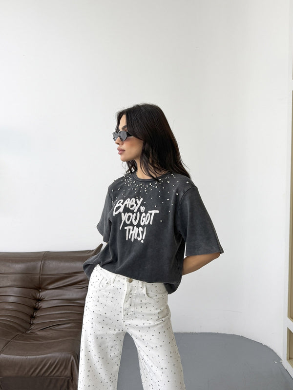 Antrasit Taş İşleme Baskılı Tshirt 8139-Antrasit