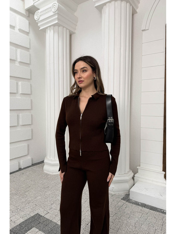 Kahverengi Çift Fermuarlı Fitilli Triko Takım 0103-Kahverengi