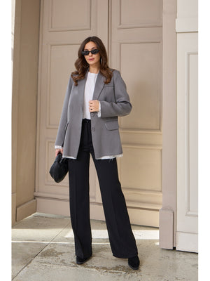 Gri Premium Kumaş Astarı Çizgili Blazer Ceket