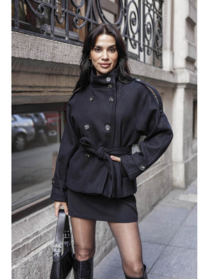 Siyah  Dik Yaka Kısa Kaşe Kaban 70119-SİYAH