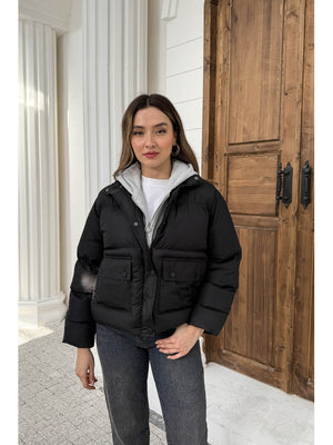 Siyah Kapşonlu Şişme Mont 2148-SİYAH