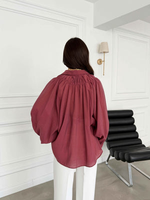 Bordo Yakası Lastikli Tencel Gömlek 5018-Bordo