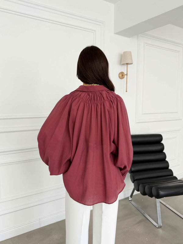 Bordo Yakası Lastikli Tencel Gömlek 5018-Bordo