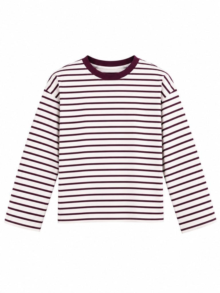Beyaz Bordo Çizgili Oversize Sweat 12613-Bordo