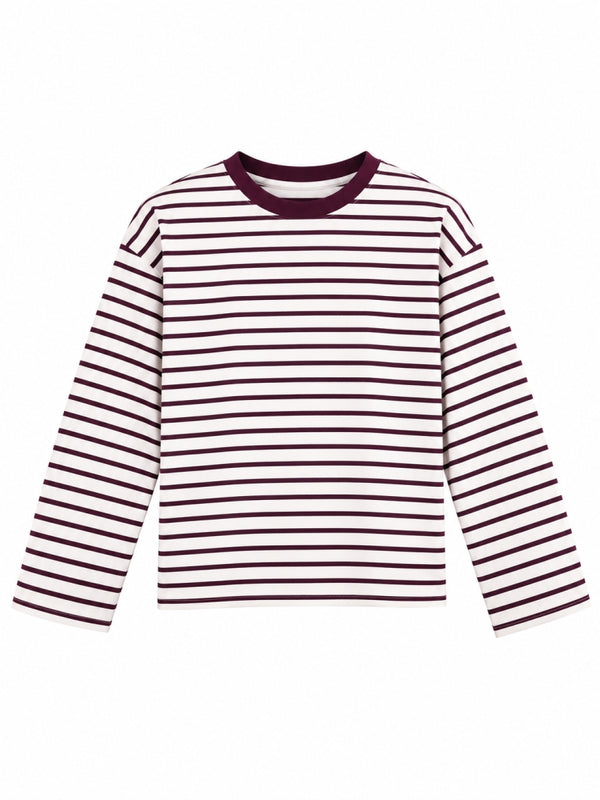 Beyaz Bordo Çizgili Oversize Sweat 12613-Bordo