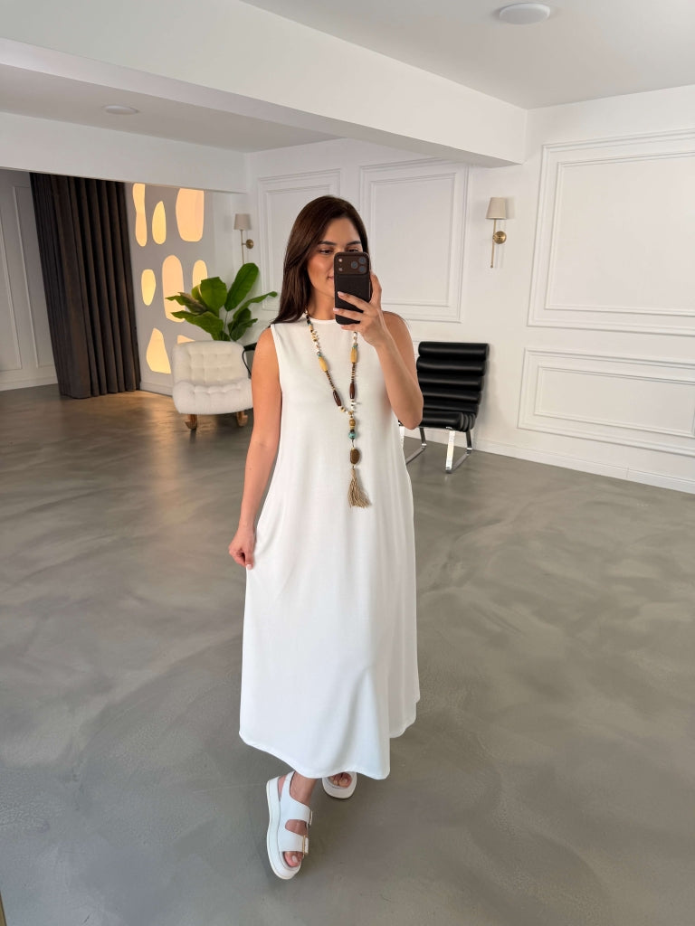 Beyaz Bisiklet Yaka Maxi Modal Elbise 4142-Beyaz