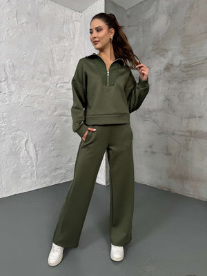 Haki Paraşüt Şeritli Fermuarlı Scuba Takım 2624-Haki