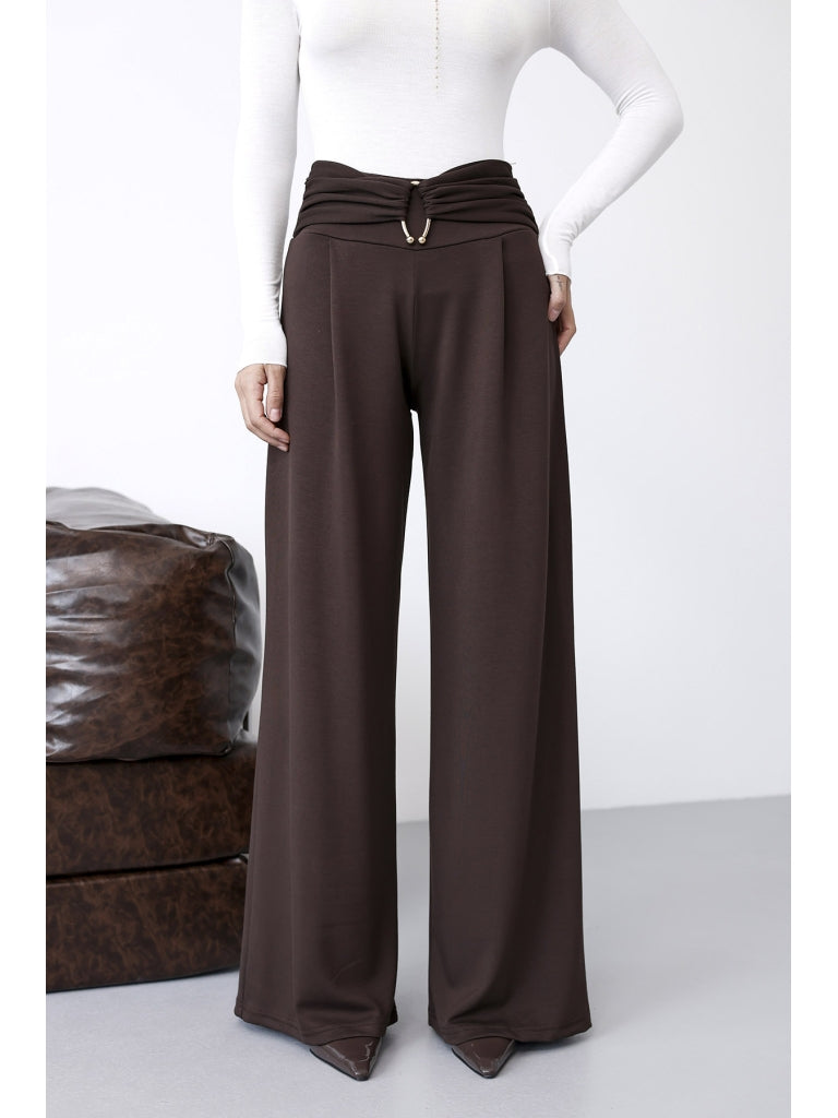 Kahverengi Gold Toka Detaylı Modal Pantolon 9888-Kahverengi