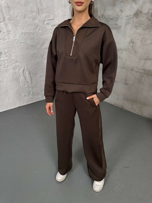 Kahverengi Paraşüt Şeritli Fermuarlı Scuba Takım 2624-Kahverengi