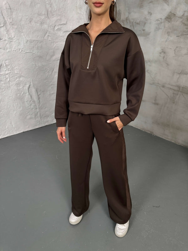 Kahverengi Paraşüt Şeritli Fermuarlı Scuba Takım 2624-Kahverengi