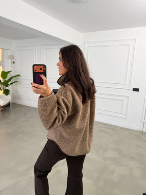 Kahverengi Ön Fermuarlı Peluş Sweat 22889-Kahverengi