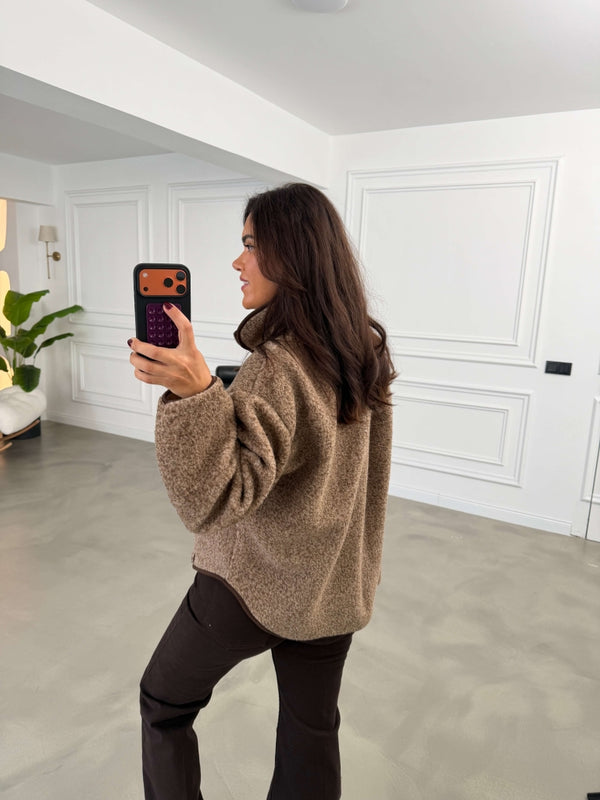 Kahverengi Ön Fermuarlı Peluş Sweat 22889-Kahverengi
