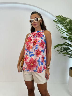 Pembe Çiçekli Halter Yaka Bluz