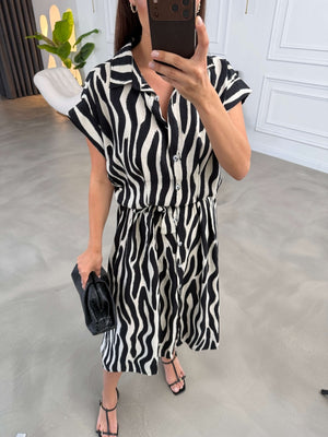 Siyah Zebra Desen Kuşaklı Gömlek Elbise 6685-Sİyah