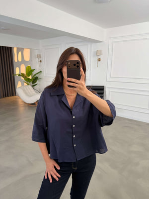 Lacivert Oversize Keten Gömlek 4982-Lacivert