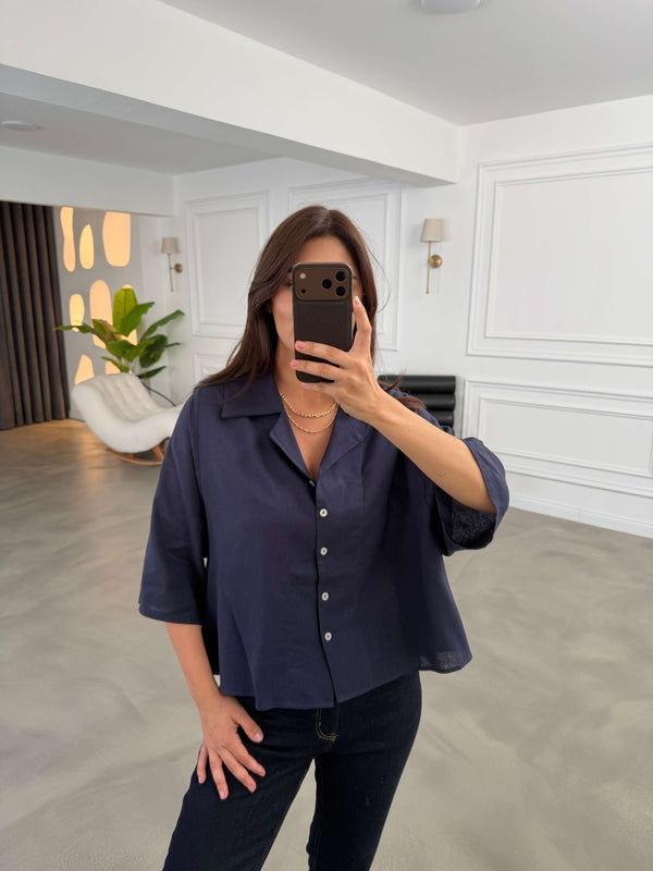 Lacivert Oversize Keten Gömlek 4982-Lacivert
