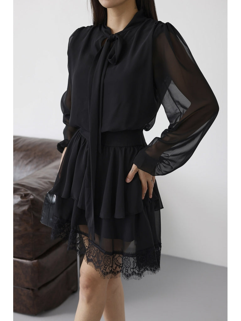 Siyah Eteği Dantelli Şifon Elbise 3890-Siyah