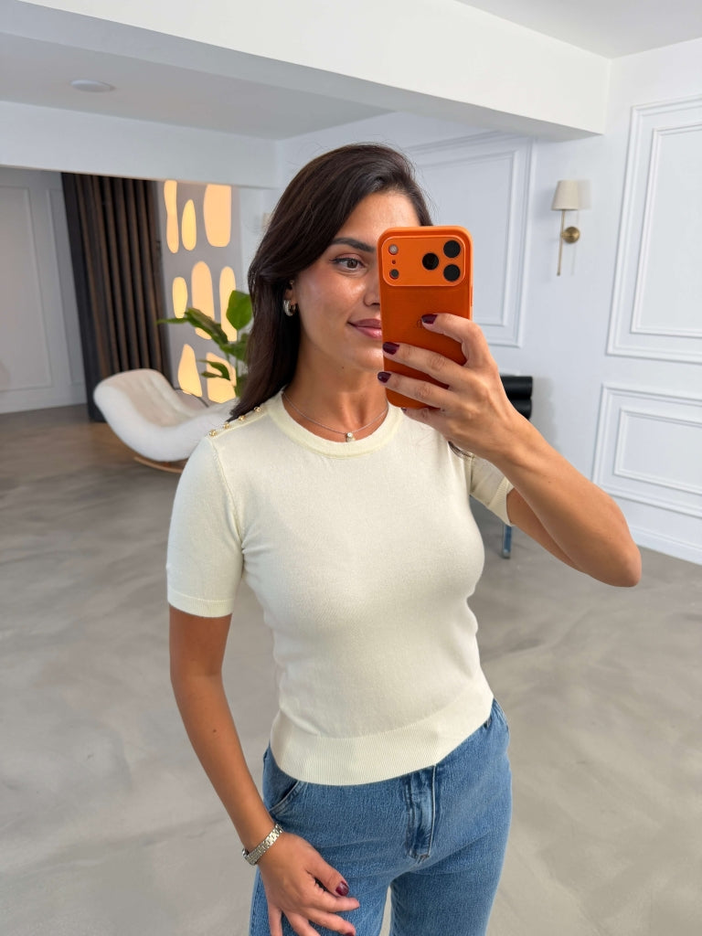 Krem Kısa Kollu Gold Düğmeli Triko Bluz 2698-Krem