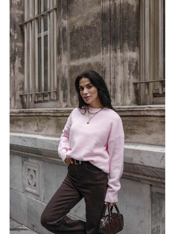 Pembe Bisiklet Yaka Yumoş Kazak 2373-Pembe