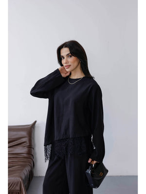 Siyah Etek Ucu Dantelli Tencel Takım 2801-Siyah
