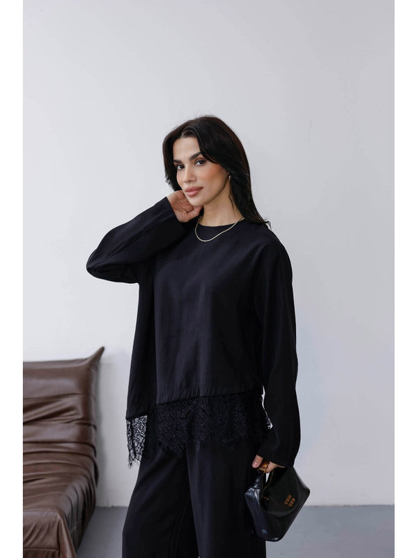 Siyah Etek Ucu Dantelli Tencel Takım 2801-Siyah