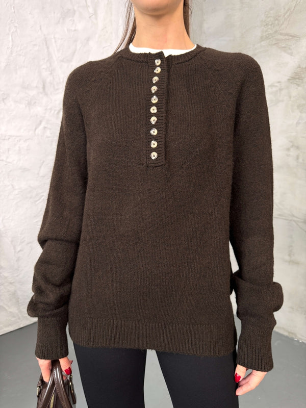 Acı Kahve Yarım Düğmeli Kazak 241246-Acı Kahve