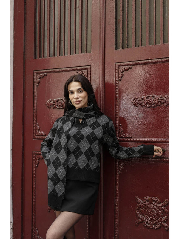 Siyah Sim Detaylı Atkılı Triko Kazak 2620-Siyah